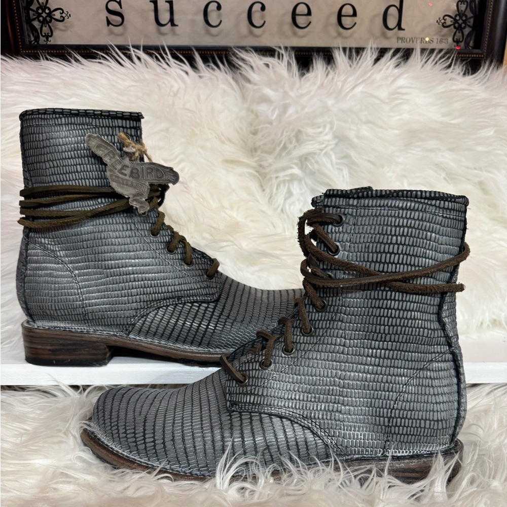 Freebird Manchester •Boho Leather Blue Grey Snake Print• Side Zip •Combat Boots•